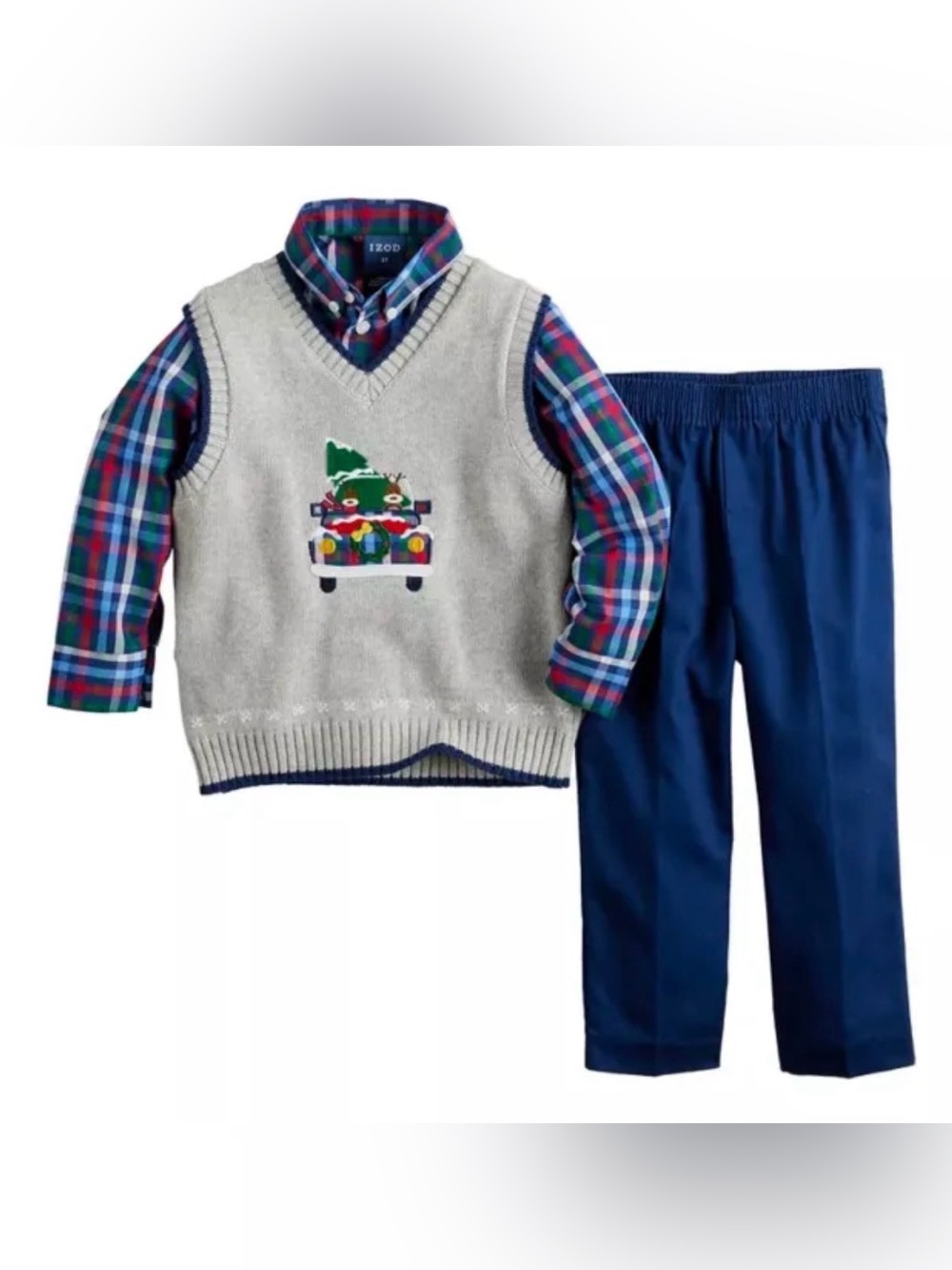 Izod Boys Gray Sweater Vest Set with Plaid Shirt and Navy Pants